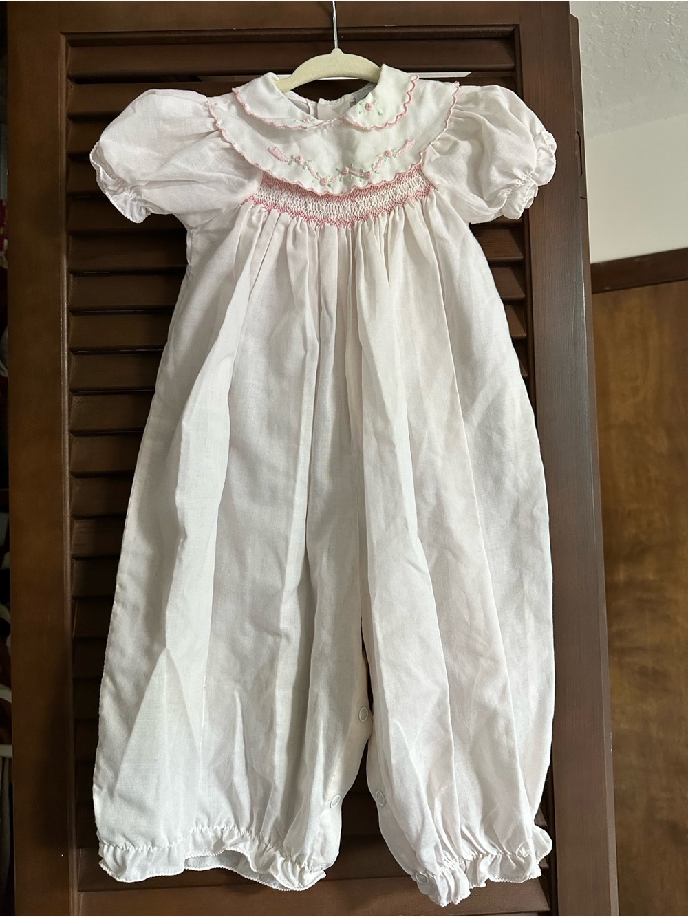 Vintage White Baby Girls Smocked Pajama Romper with Pink Trim